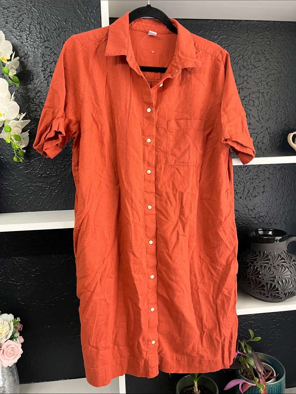 Old Navy Button-Front Midi Shirt Dress in Rust Orange with pockets L Tall